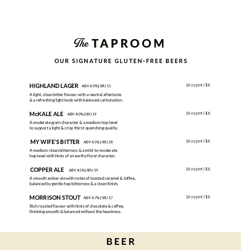Brookston Oak - Taproom Menu